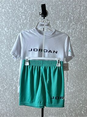 Jordan Boys Two-Piece Tee & Shorts Set in White and Teal